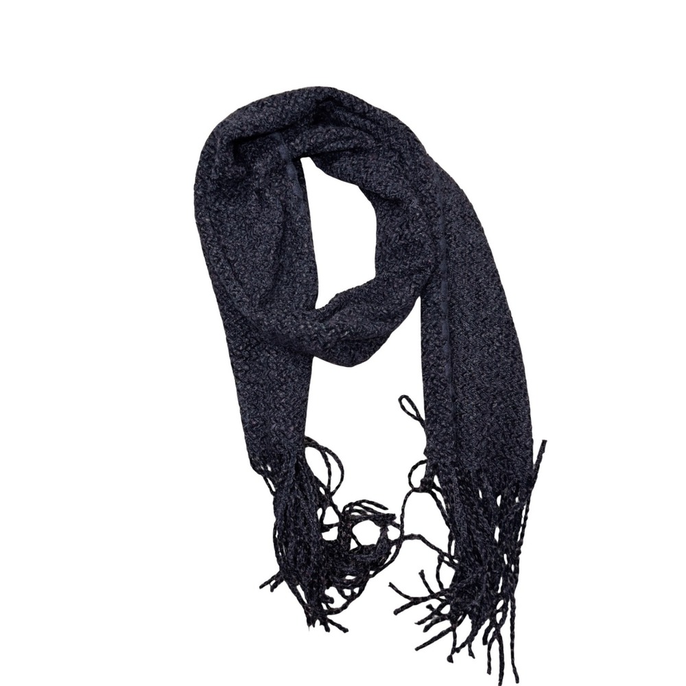 Navy Blue Multi Color Flecked Wool Knit Scarf w/ Long Fringe Tassels Boho Winter